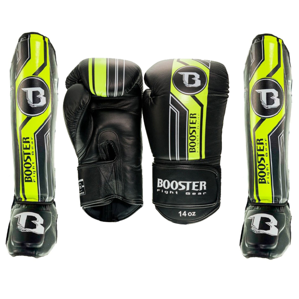 Booster - Fightset - V9 Neon Geel - Bokshandschoenen + scheenbeschermers